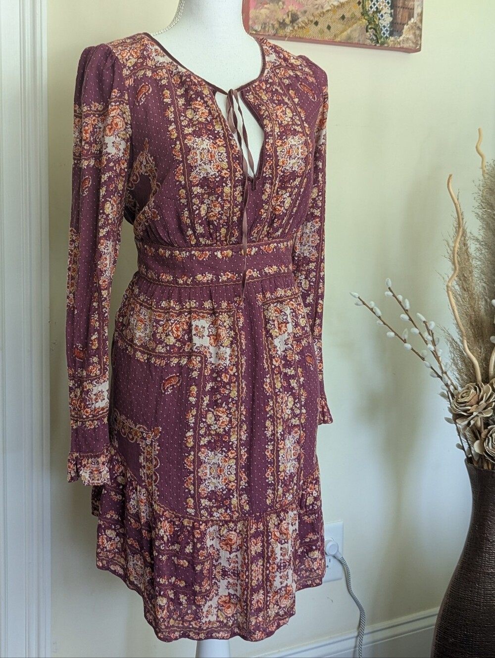 Free People Bridget Mini Dress SP BuFree People Mauve Floral Paisley Peasant Top